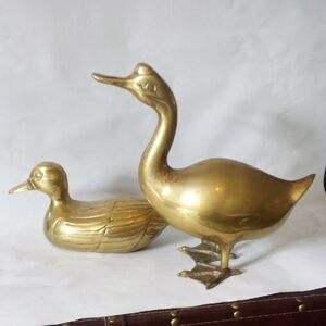 Brass Duck Pair Standing & Nesting 1950 Large 10" With Nice Detail